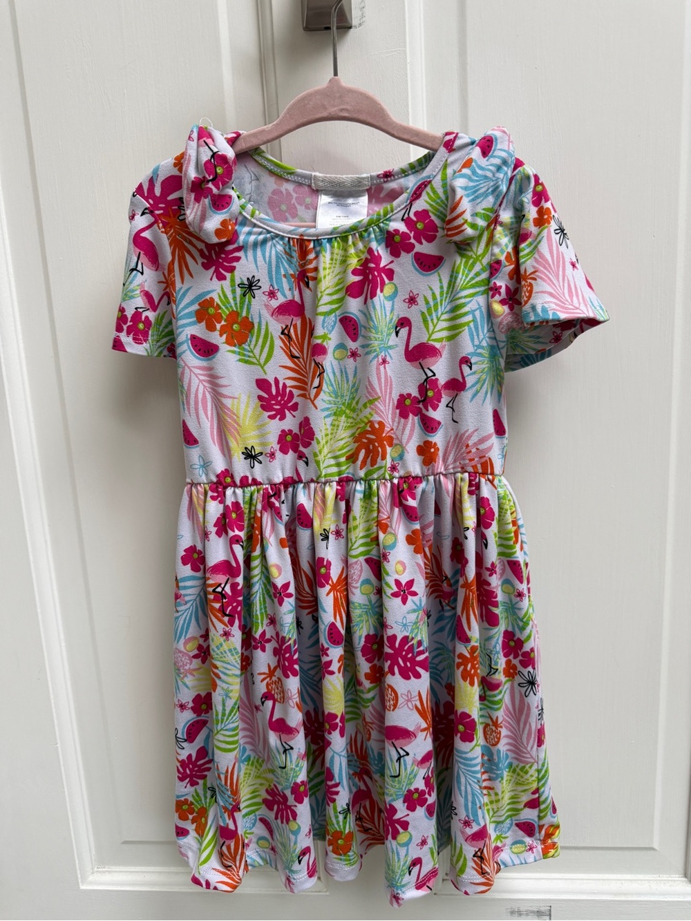 Forever Me Girls' 4 Pink Multi Flamingo & Tropical Print Dress Shoulder Ties